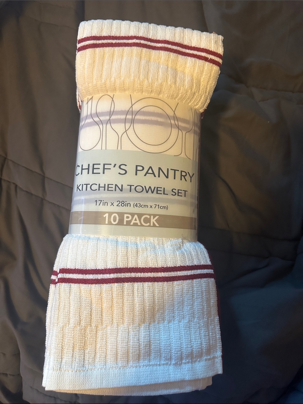 White Kitchen Towels with Burgundy Stripe - 10 Pack